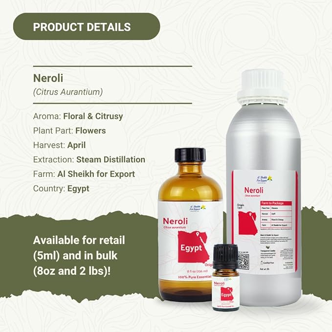 Neroli Essential Oil - Direct from Al Sheikh for Export Egypt - Steam Distilled - Aceite de Neroli for Aromatherapy, Massage, Diffuser, DIY Candle and Soap Making - 2lbs