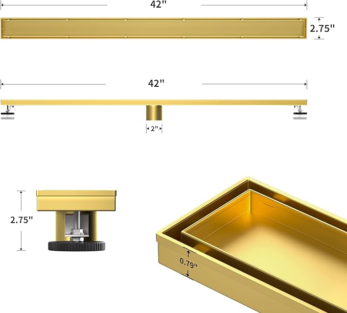 Linear Shower Drain 42", Brushed Floor Drain with Tiled Insert Grate & Hair Strainer, 304 Stainless Steel Bathroom 2-in-1 Tiled in Drain, CUPC Certified (Brushed Gold, 42'')
