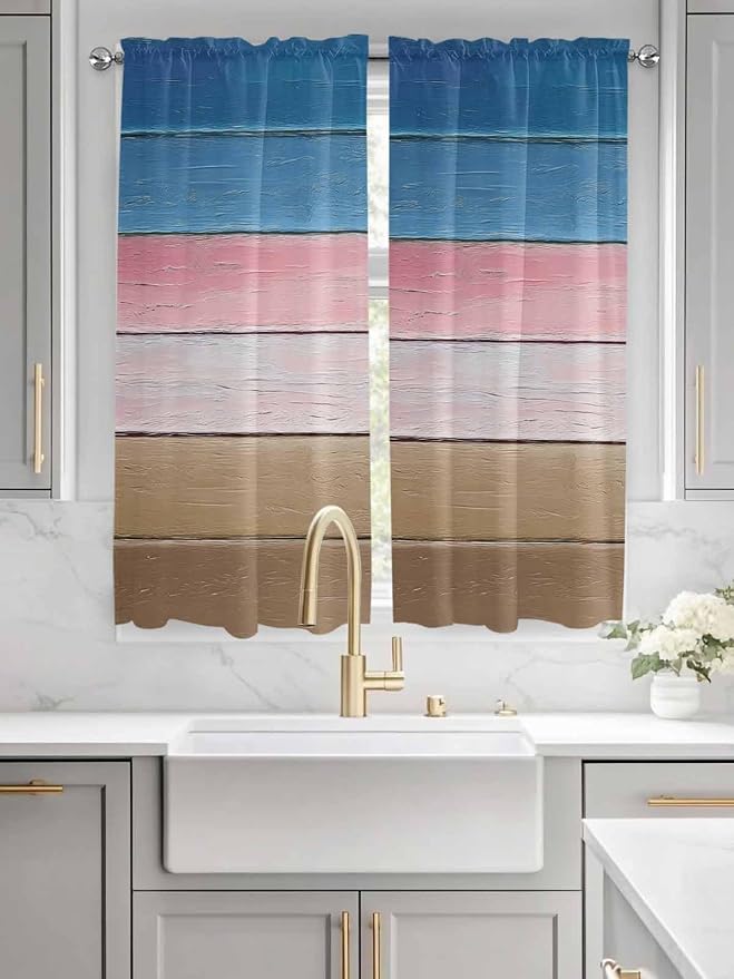 Blue Pink Brown Gradient Wood Grain Window Valance Curtains, Vintage Wood Board - Image 3