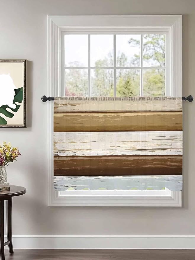 Sheer Curtains 45 Inch Length, Wood Grain Brown Semi Sheer Curtains Light - Image 2