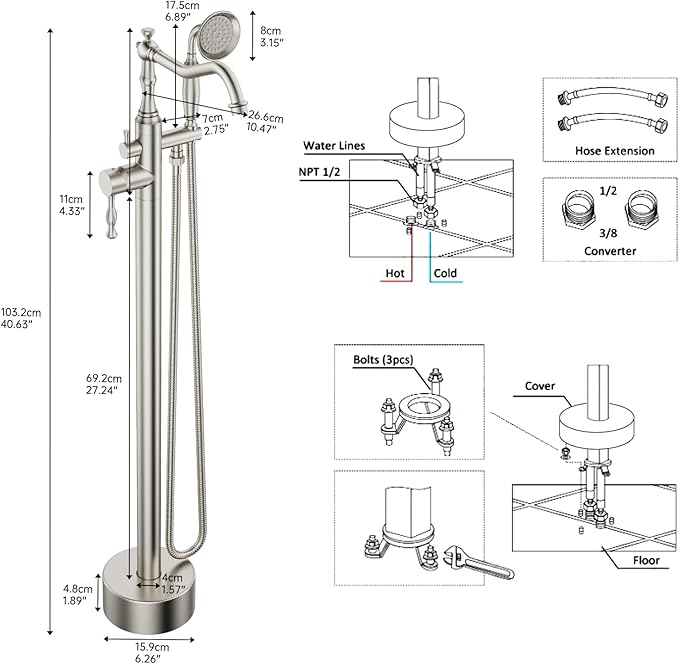Brushed Nickel Bathtub Faucet Freestanding Tub Filler High Pressure Single Handle Bathtub Filler Floor Mounted Brass Bathroom Tub Faucets with Handheld Shower