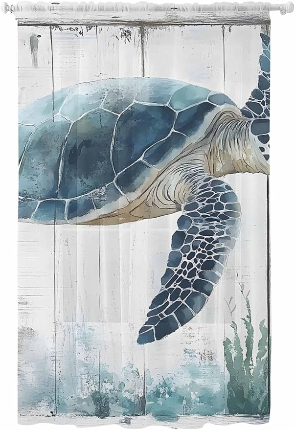 Sheer Curtains 96 Inches Long, Sea Turtle Teal Blue Semi Sheer Curtains Light by Unknown