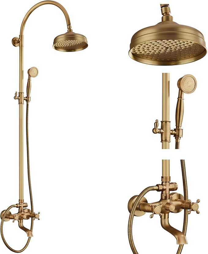 gotonovo Exposed Bathroom Shower System Classic Shower Kit 8 Inch Luxurious Rainfall Shower Head Handheld Spray Tub Filler Brass Pipe 3-Function Wall Mount Double Cross Knobs Antique Brass