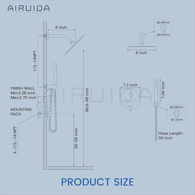 Airuida Shower Fixtures 2 Functions Shower Faucet Set Wall Mounted for Bathroom High Pressure Brass Handheld Shower with Rough-in Valve Round Rainfall 8 Inch Shower Head Chrome Polish