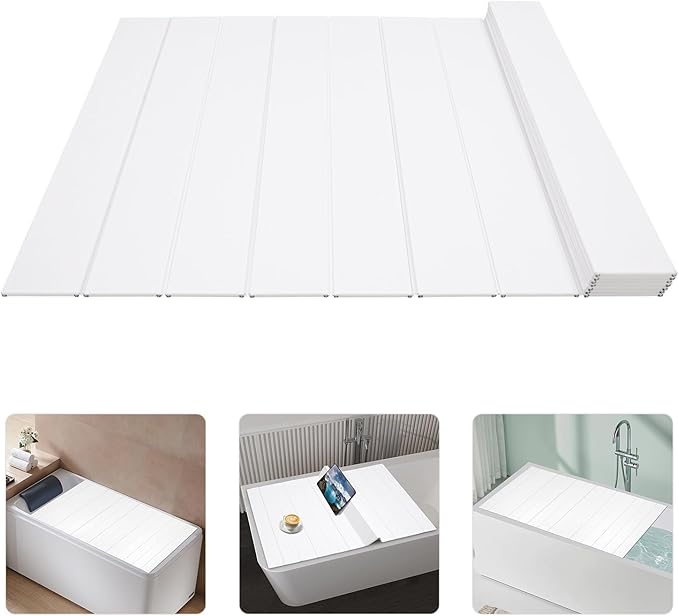 Bathtub Tray 59" x 27.5" Foldable Bathtub Cover Adjustable PVC Shutter Bath Lid Anti-dust Bathtubs Cover for Tub Can Store Wine Glass, Books, Tablets, Cellphones, White