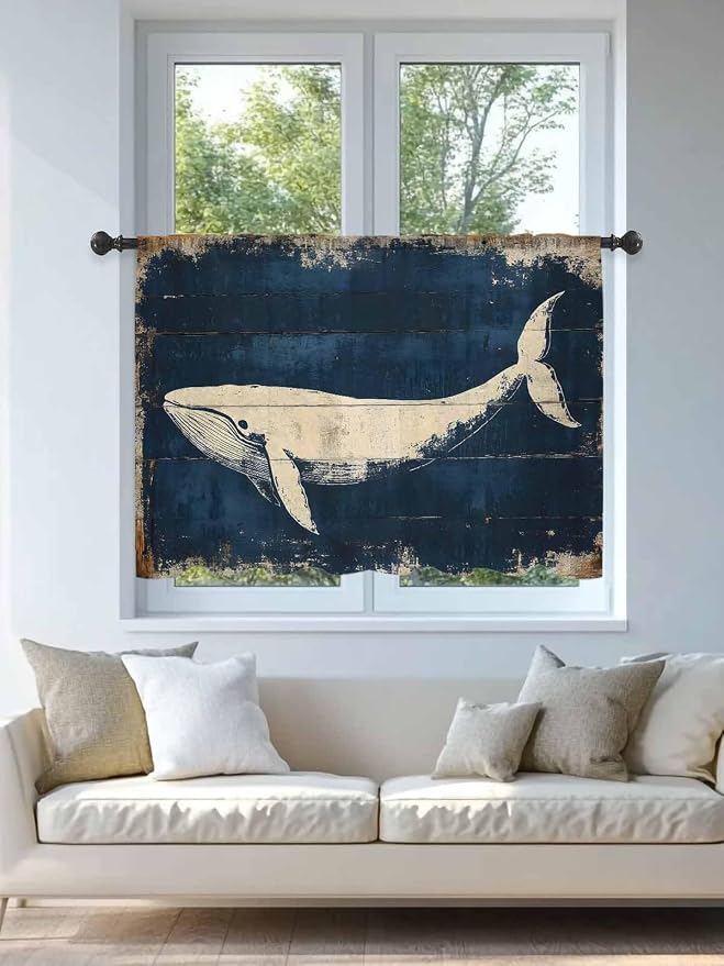 Sheer Curtains 54 Inch Length, Ocean Whale Blue Semi Sheer Curtains Light - Image 4