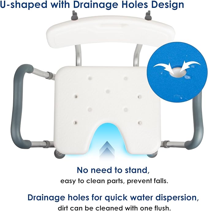 TooCust Extra Wide M-Shaped & Padded Armrests Shower Chair, 500lbs Capacity, Bariatric, Blue, Aluminum, Bath & Shower Safety Seating