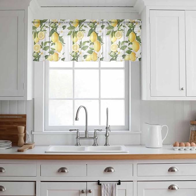 Spring Summer Lemon Sheer Valance Curtains, Leaf Flower White Wood Grain Light - Image 2