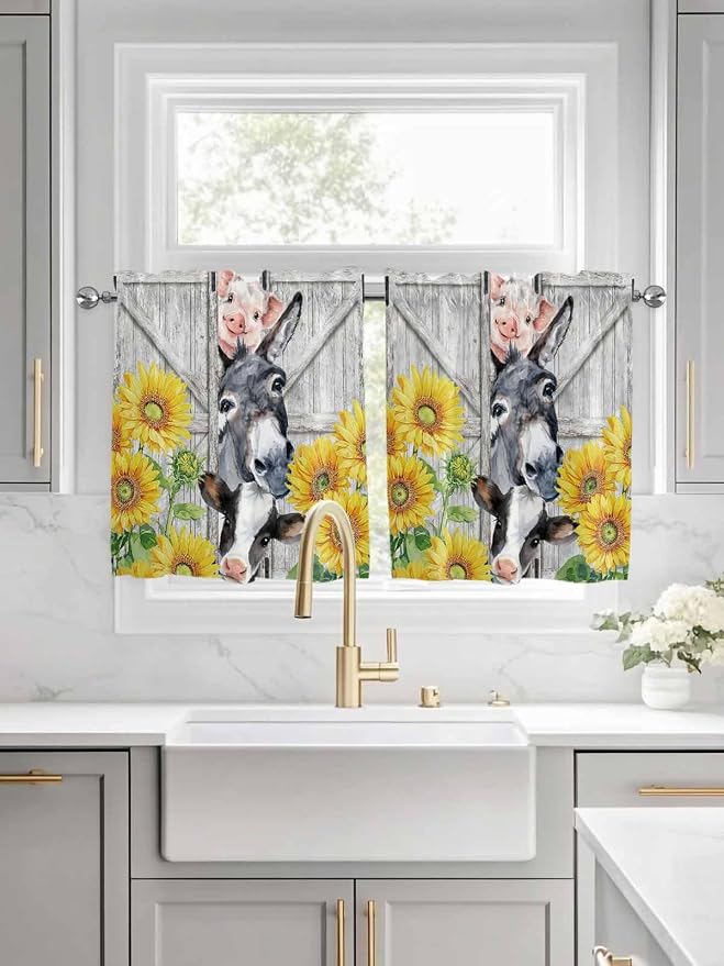 Farmhouse Half Window Curtains 24 Inches Long, Watercolor Sunflowers Animals - Image 3