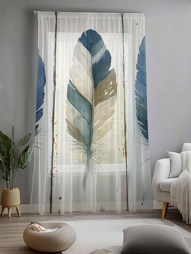 Sheer Curtains 108 Inches Long, Boho Blue Feathers Semi Sheer Curtains Light - Image 2