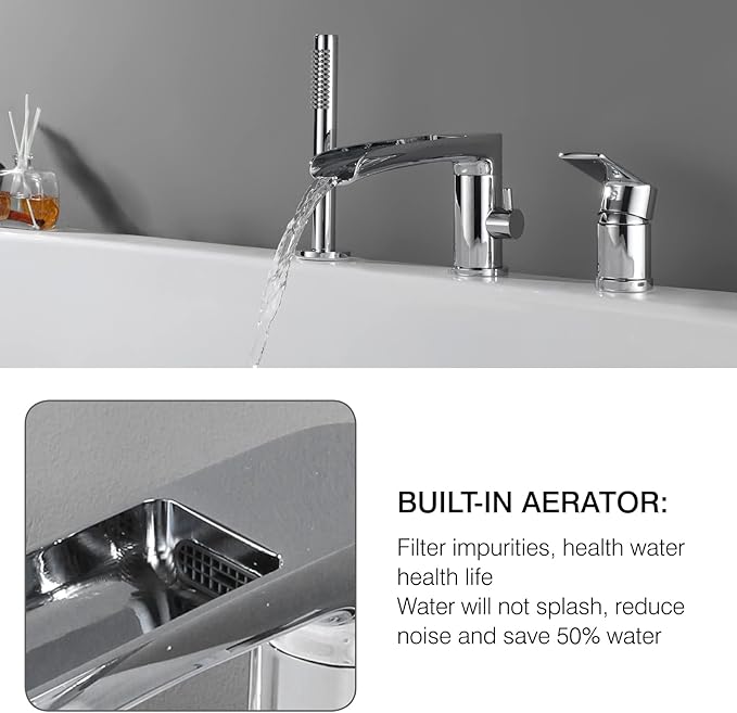 TapLong Waterfall Roman Tub Faucet with Hand Shower, Widespread Deck Mount Bathtub Faucet with Sprayer, Single-Handle 3-Holes Bathtub Shower Faucet Set in Chrome, 03119CH