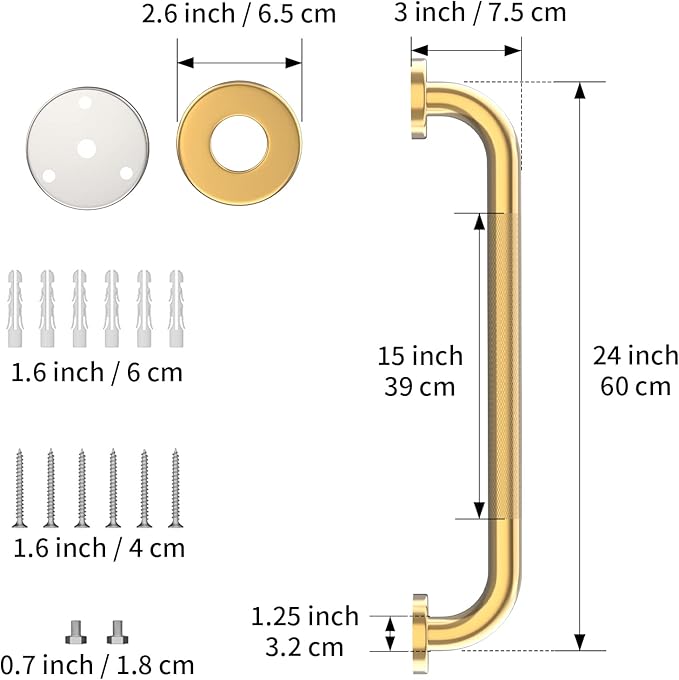 24 Inch Anti Slip Shower Grab Gold, Munzong Bathroom Grab Bar, Knurled Bathroom Balance Bar,Safety Hand Rail Support Handicap Elderly Injury Senior Assist Bath Handle