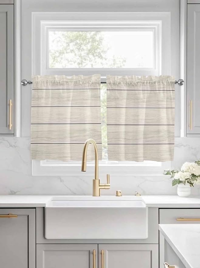 Vintage Country Wooden Board Window Valance Curtains, Gradient Wood Grain Line - Image 2