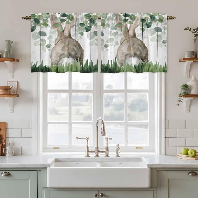 Easter Tier Curtains, Country Rabbit Botanical Leaves Wooden Grain Light - Image 2