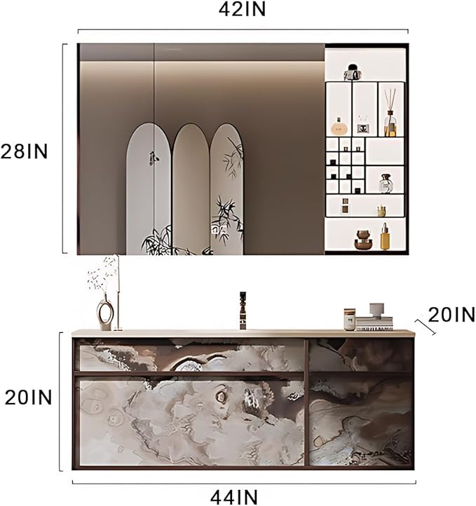 44IN Modern Bathroom Vanity with Sink - Bathroom Vanity with Drawer Organizer, LED Mirror Lights & Defogging Function | Wall - Mounted Vanity with Silver Sink Faucet