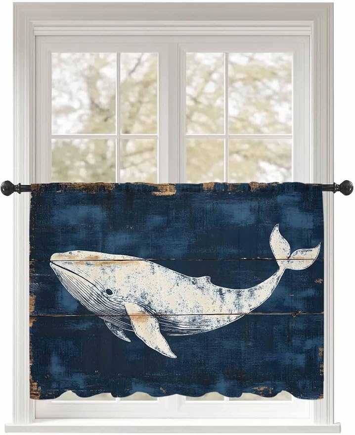 Sheer Curtains 45 Inch Length, Ocean Whale Blue Semi Sheer Curtains Light by Unknown
