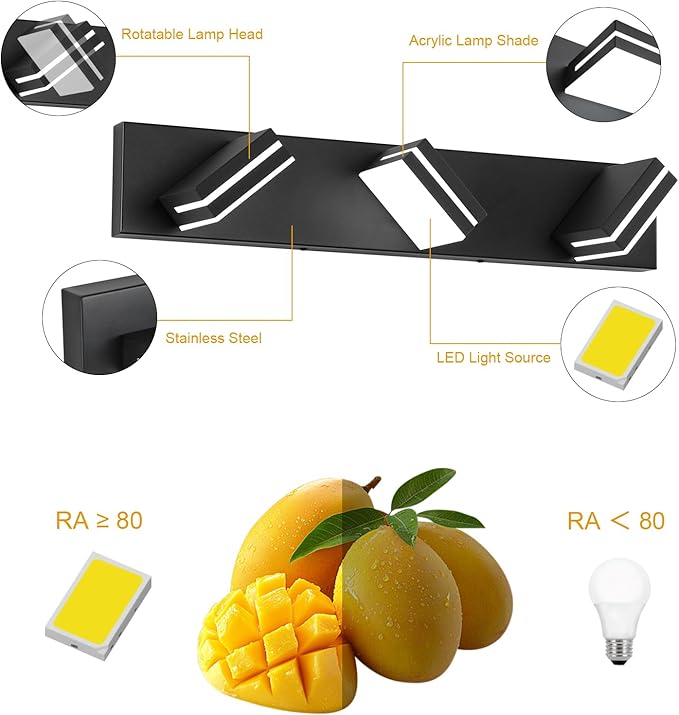SineRise LED Modern Bathroom Vanity Light Fixtures, Modern Acrylic Bathroom Wall Lighting Fixtures Over Mirror (Cool White 6000K) (3-Light, 24-Inch), Matte Black- Non-dimmable