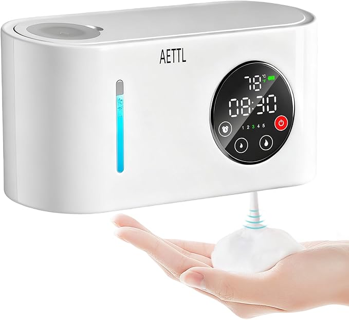 Touchless Automatic Foaming Hand Soap Dispenser Wall Mount,Kitchen Bathroom,Modern Smart Home,USB Type-C Rechargeable,Long Battery Life,Time and Temperature Display,5-Level Adjustable,16.9 oz