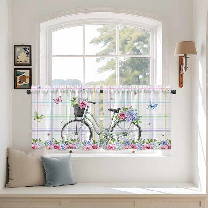 Spring Tier Curtains, Bicycles Botanical Leaves Rose Colorful Stripes Light - Image 3