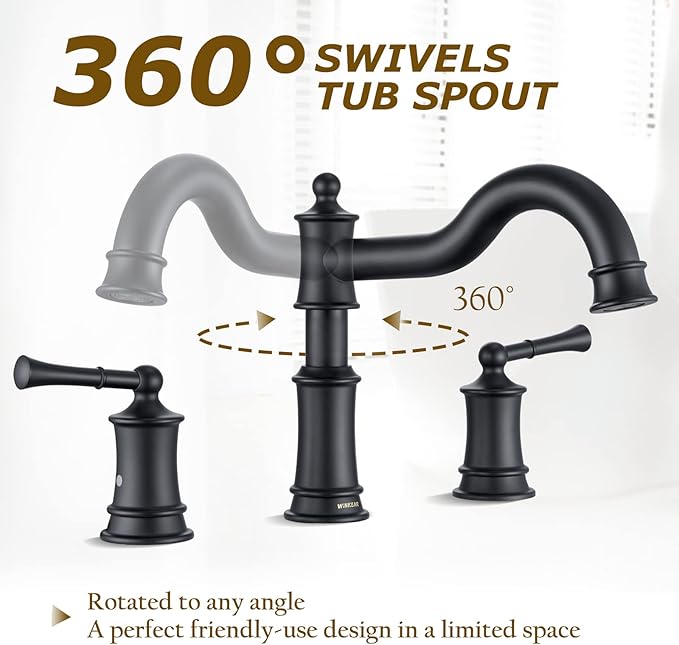 Roman Bathtub Faucet Deck Mount Tub Faucet for Bathroom Widespread Elegant Classic Spout with 3 Holes 2 Handle Valve Cartridge Included, Matte Black