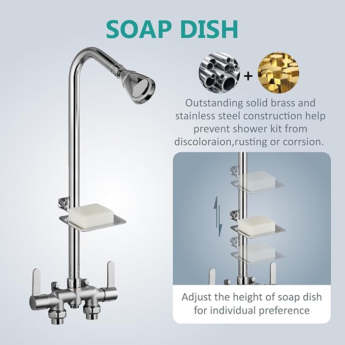 Aolemi Outdoor Shower Fixtures,Outdoor Shower Kit Faucet System 3 Inch Center with Showerhead 2 Handle Exposed Shower with Brass Mix Valve Pipe Downward with Soap Dish Polish Chrome