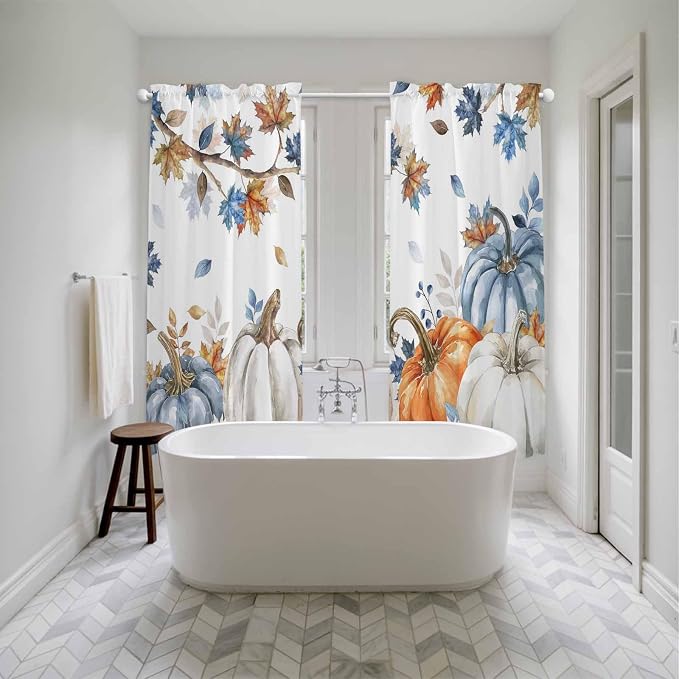 Navy Blue Pumpkin Fall Window Curtains 72 Inch Long 2 Panel Set, Rod Pocket - Image 5