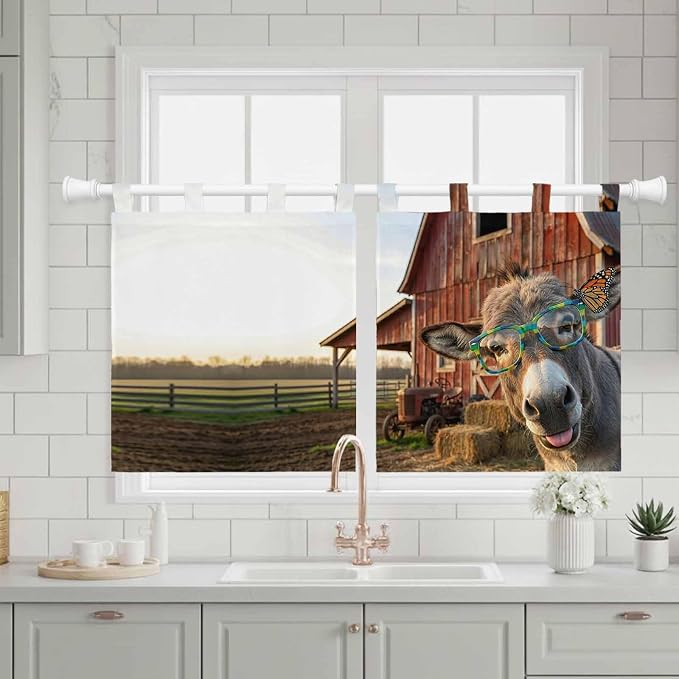 Farm Donkeys Kitchen Curtains 24 Inch Length, Small Window Curtains Tab Top - Image 3