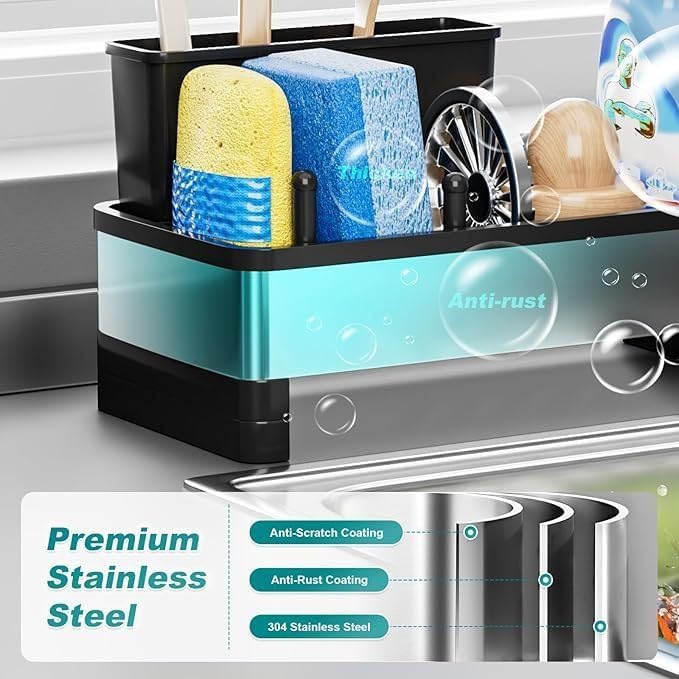 Stainless Steel Sink Caddy Organizer with Auto-Drain & Removable Brush Holders Rustproof Sponge Holder for Kitchen Sink, Countertop Storage for Soap Dispenser,Dishcloth & Kitchen Accessories
