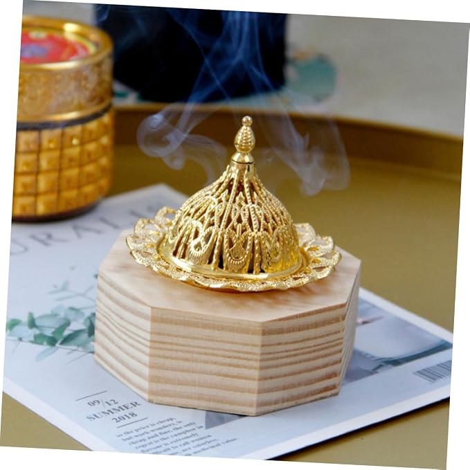 PRETYZOOM Octagonal Wooden Incense Burner Gold Metal Accents Decorative - Image 5