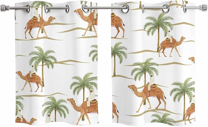 2 Panel Kitchen Cafe Curtains, Desert Camels Sunlight Filtering Nature Air by Hokiten