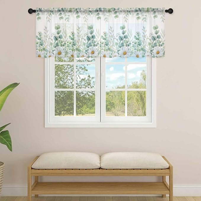 Eucalyptus Leaves Daisy Sheer Valance Curtains, Summer Farmhouses Flower Light - Image 4