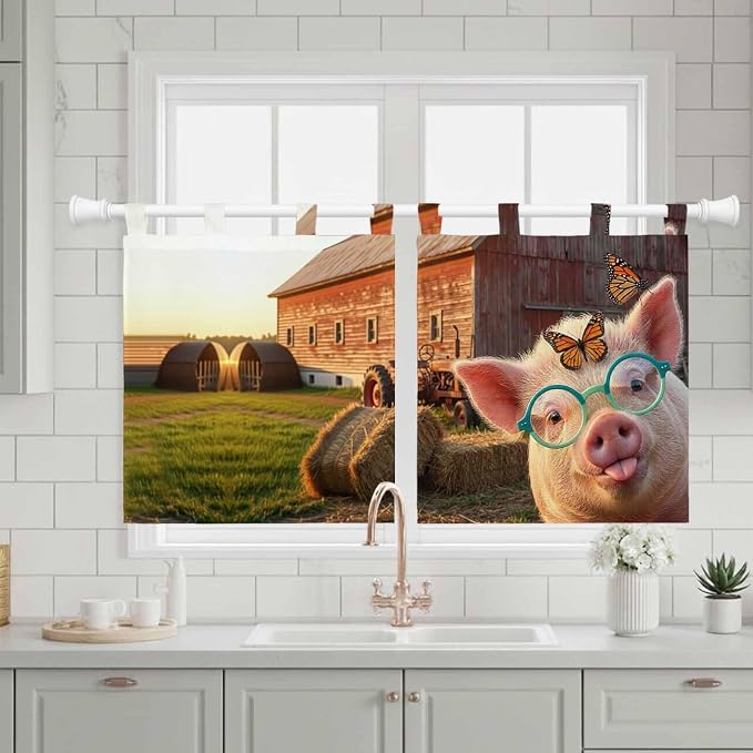 Farm Pig Kitchen Curtains 24 Inch Length, Small Window Curtains Tab Top - Image 3