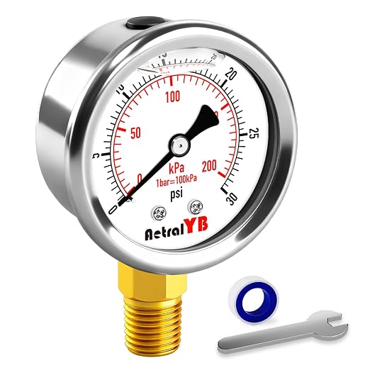 0-30 PSI Pressure Gauge, Glycerin-Filled, 2-Inch Stainless Steel Gauge by Unknown