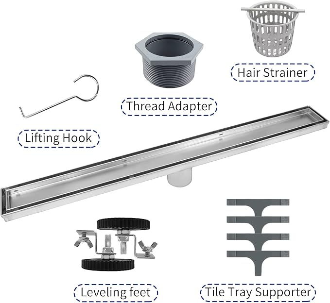 Linear Shower Drain 26", Brushed Floor Drain with Tiled Insert Grate & Hair Strainer, 304 Stainless Steel Bathroom 2-in-1 Tiled in Drain, CUPC Certified (Brushed, 26'')