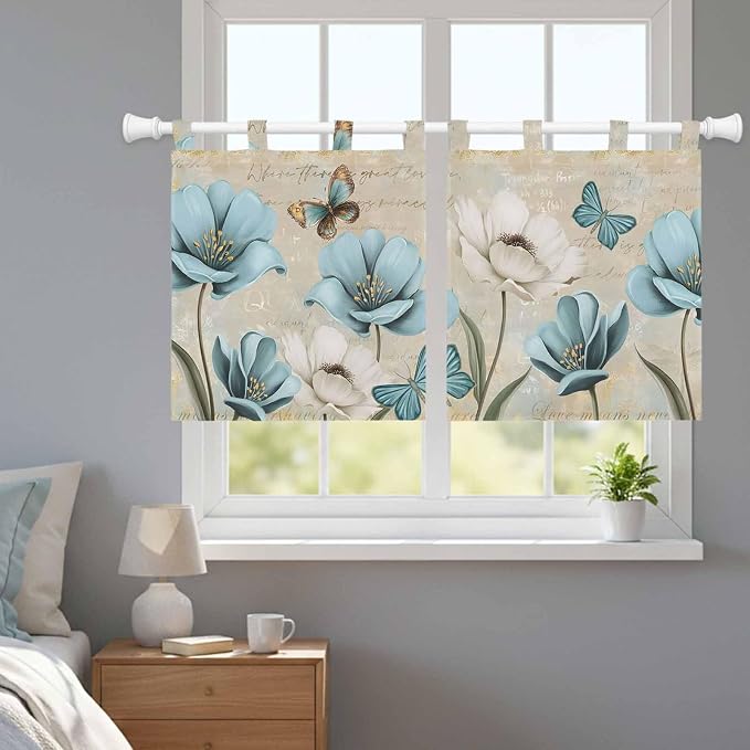 Spring Flowers Kitchen Curtains 24 Inch Length, Small Window Curtains Tab Top - Image 9