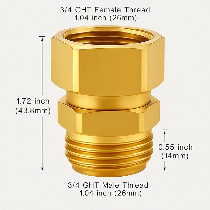 Garden Hose Swivel Connector, 3/4" GHT Brass Swivel Hose Connector, 360° Male to Female Hose Adapter, Anti-Kink Garden Hose Fittings, No-Leak Design with Washer and PTFE Tape