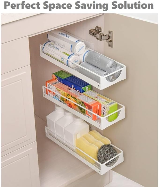 Under Sink Organizer Sliding Storage Rack for Kitchen & Bathroom, Space-Saving Pull-Out Storage for Bottles, Spices, Cleaning Supplies Adjustable Under Cabinet Organizer Durable Metal Shelf, White