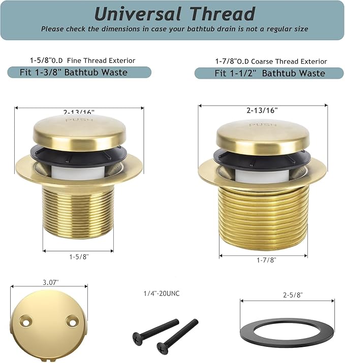 Tip-Toe Bathtub Drain Kit with Two-Hole Overflow Plate, Premium Quality Bath Tub Drain Replacement, Universal Fine/Coarse Thread Bathtub Stopper (Brushed Gold)