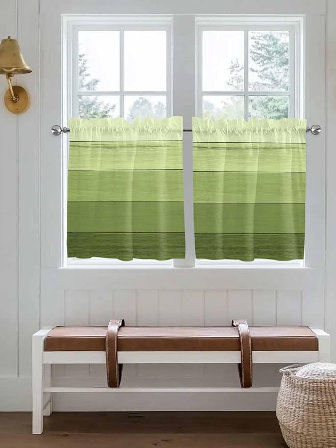 Gradient Green Wooden Board Window Valance Curtains, Retro Country Wood Grain - Image 2