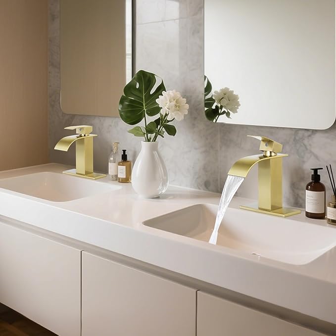 Bathroom Faucets Brushed Gold Waterfall Bathroom Sink Faucet Modern Single Handle Bathroom Faucet for 1 or 3 Hole Mxier Tap Washbasin Faucet with Deck, Pop-up Drain and Supply Hoses 2 Pack