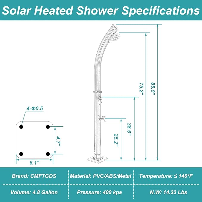 4.8 Gallon Solar Heated Outdoor Shower, 7 FT Freestanding Outside Shower with Shower Head & Foot Shower Tap for Poolside Backyard Beach, Black