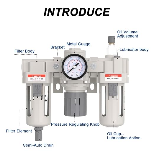 AIRZOE 3/8” NPT Air Compressor Filter, Regulator and Lubricator Combos FRL - Image 3