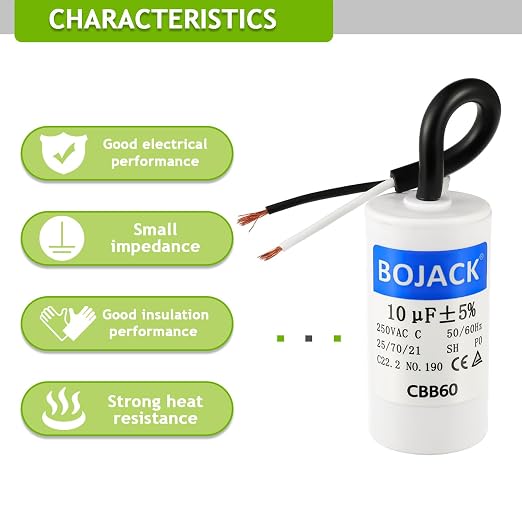 BOJACK Run Capacitor 10 uF MFD 250V AC 10 MFD CBB60 2 Wire 50/60Hz Cylinder - Image 5