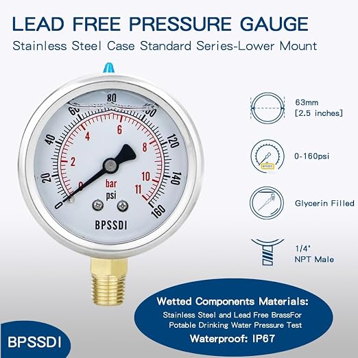 0-160 Psi Lead-Free Glycerin Liquid Filled Low Pressure Gauge, 2.5" Dial Size - Image 2