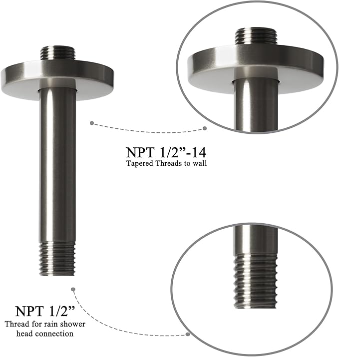 6 Inch Shower Arm with Flange, Ceiling Mounted Shower Head Extension Arm, 1/2 NPT Straight Arm for Rain Shower Head, Stainless Steel Shower Head Extension Replacement Pipe Arm, Brushed Nickel