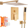 Brushed Gold Square Shower Head with Handheld Set, Rainfall Shower System Modern Wall Mounted Shower Faucet for Bathroom 12 inch (With Shower Valve)