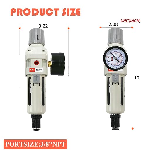 RIH 3/8"NPT Auto Drain Air Filter Pressure Regulator Combo Piggyback, 5 Micron - Image 2