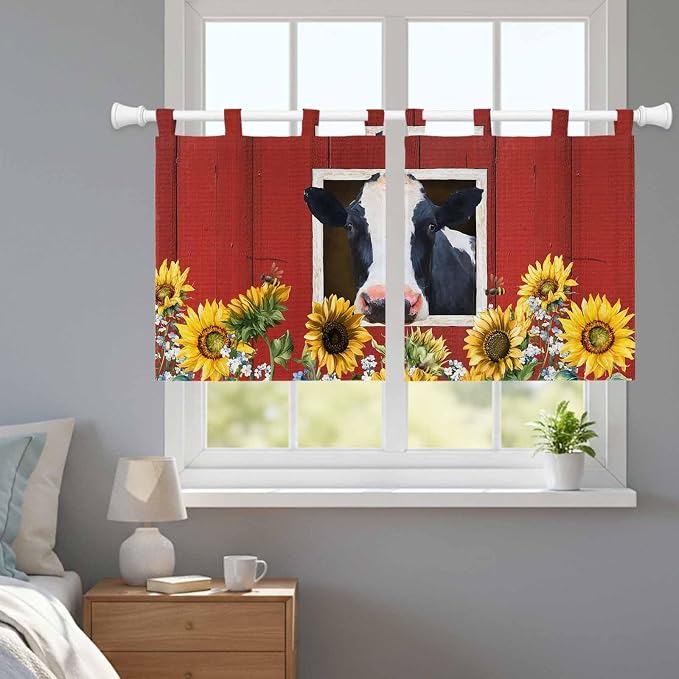 Cow Sunflowers Kitchen Curtains 24 Inch Length, Small Window Curtains Tab Top - Image 9