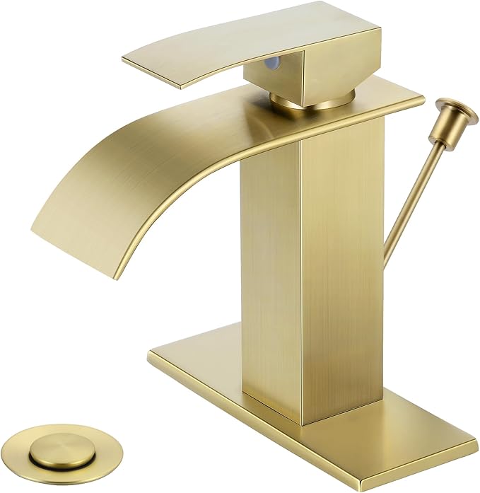 Bathroom Faucets with Lift Rod Drain Brushed Gold Waterfall Bathroom Sink Faucet Modern Single Handle Bathroom Faucet for 1 or 3 Hole Mxier Tap Washbasin Faucet with Deck
