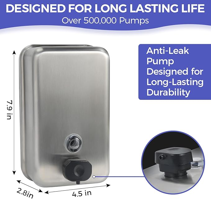 Heavy Duty Stainless Steel Wall Mount Soap Dispenser, 1100ml/37oz, with Corrosion Proof Lining and Anti-Leak Pump for Commercial & Home Bathroom Kitchen(Vertical)